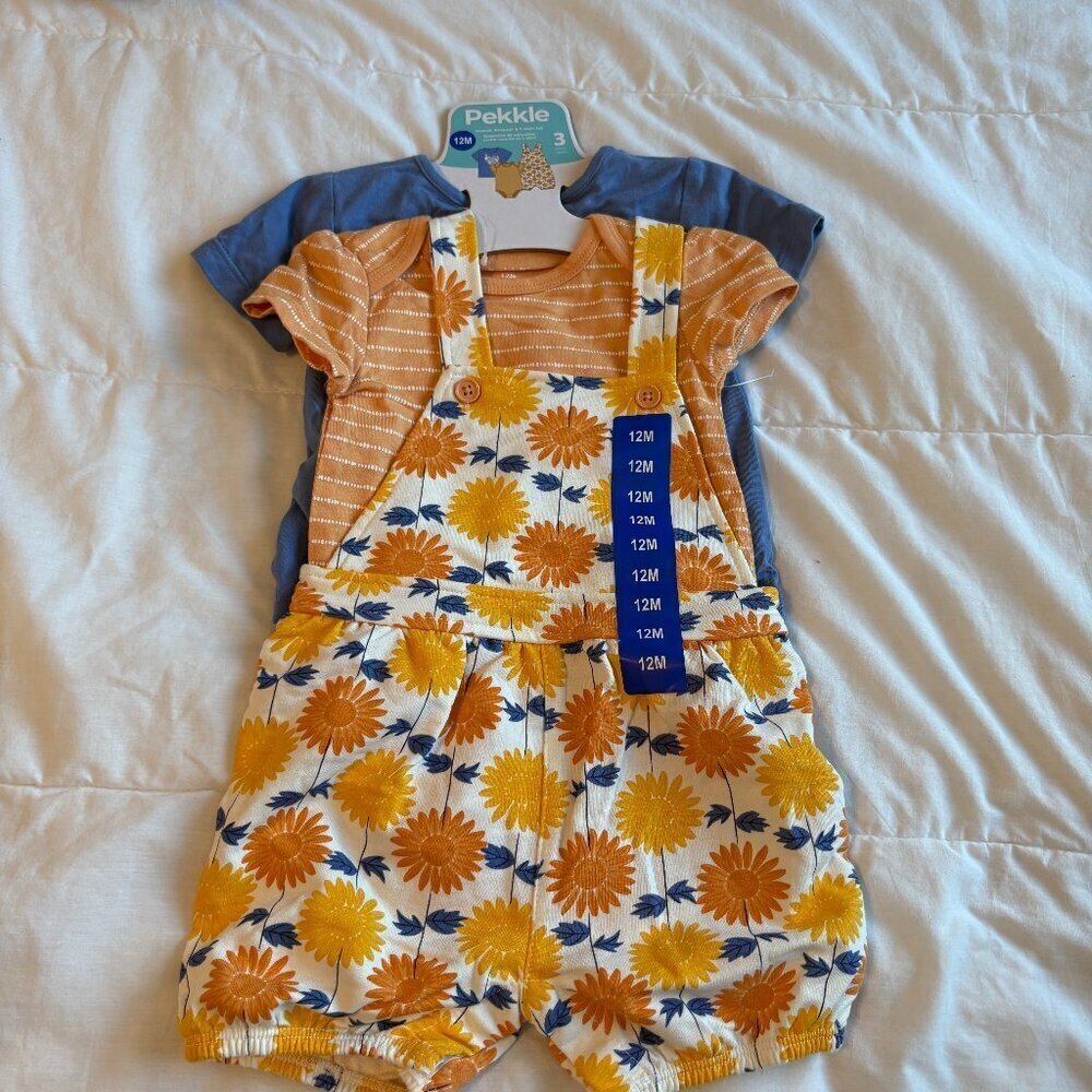 Pekkle 3 piece outfit Blue Orange 12 months NEW Summer Overalls Shorts T-shirts